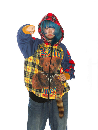 American punk bear baggy checked velvet jacket