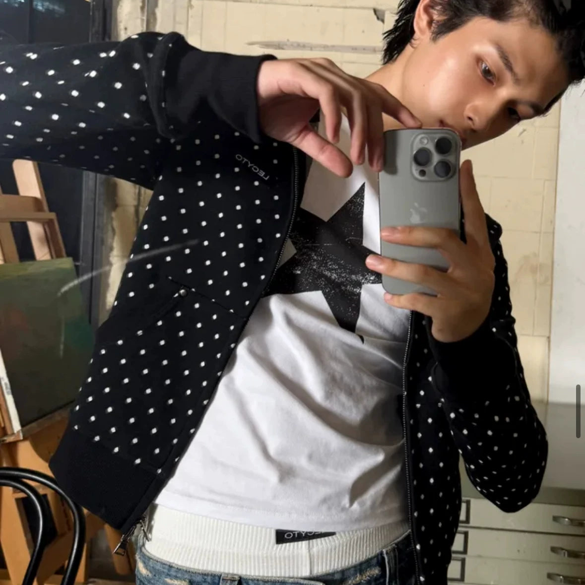 sakuya same style Korean genuine direct mail lecyto polka dot zipper y2k slim men's and women's hooded sweatshirt jacket