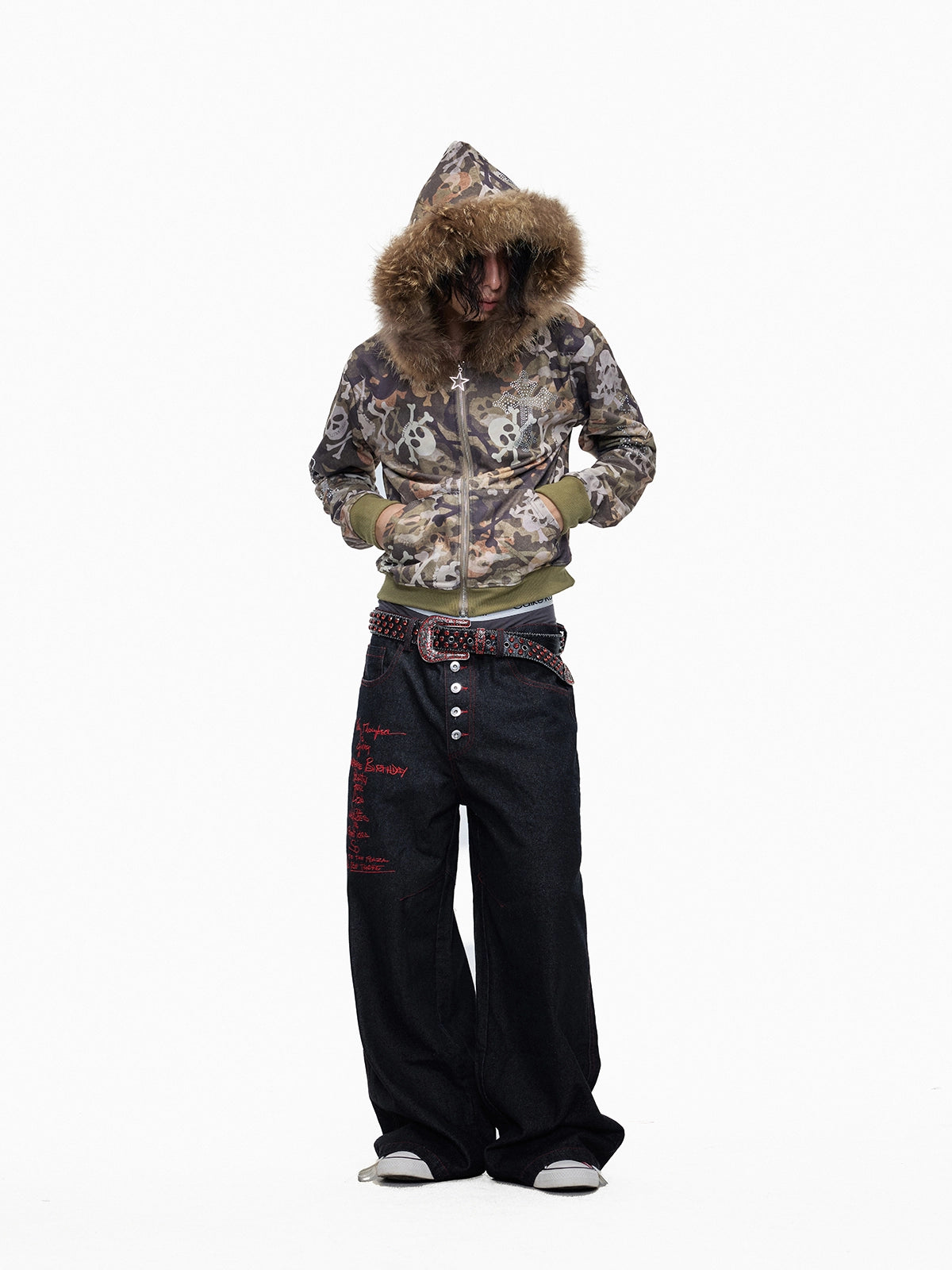 Skull Camo Fur Collar Hoodie Jacket