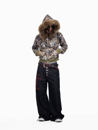 Skull Camo Fur Collar Hoodie Jacket