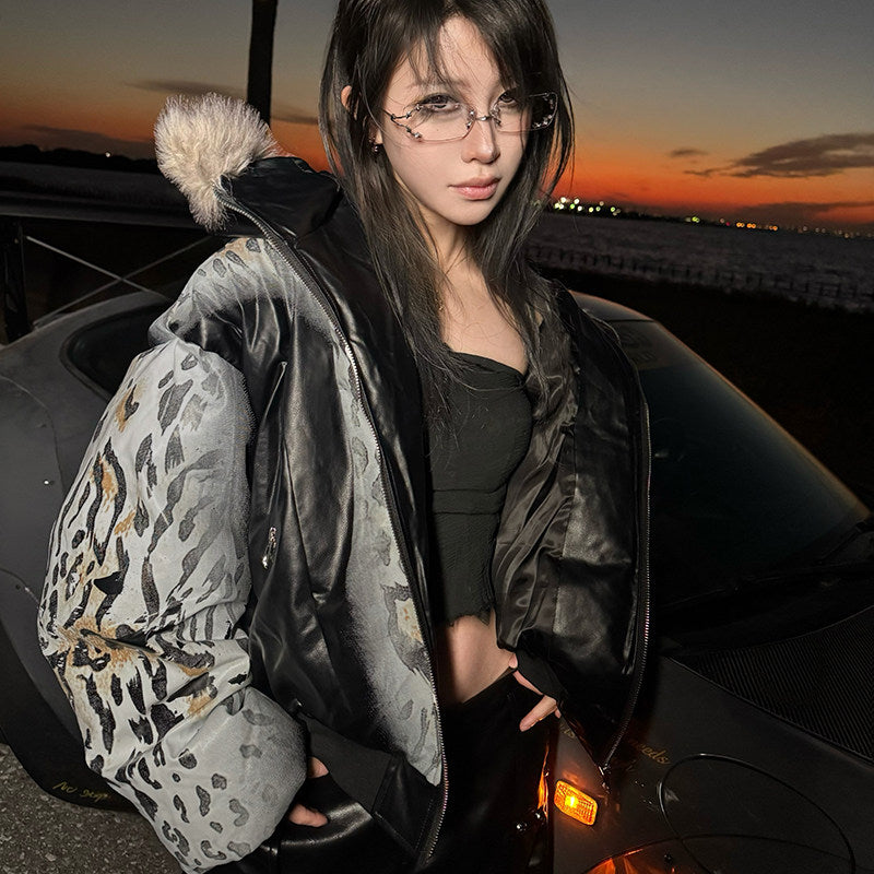 Short and Wide Hooded Split Leopard Print Thickened Jacket