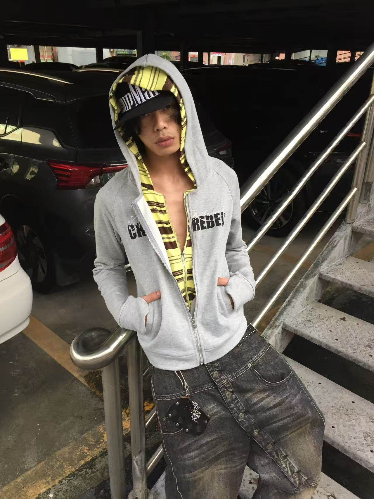 Star Embroidered Contrast Stripe Fake Two-Piece Zip Hoodie