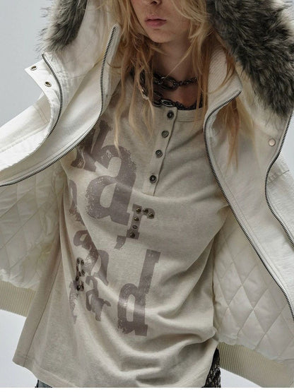 Large Fur Collar Cropped Cotton Jacket