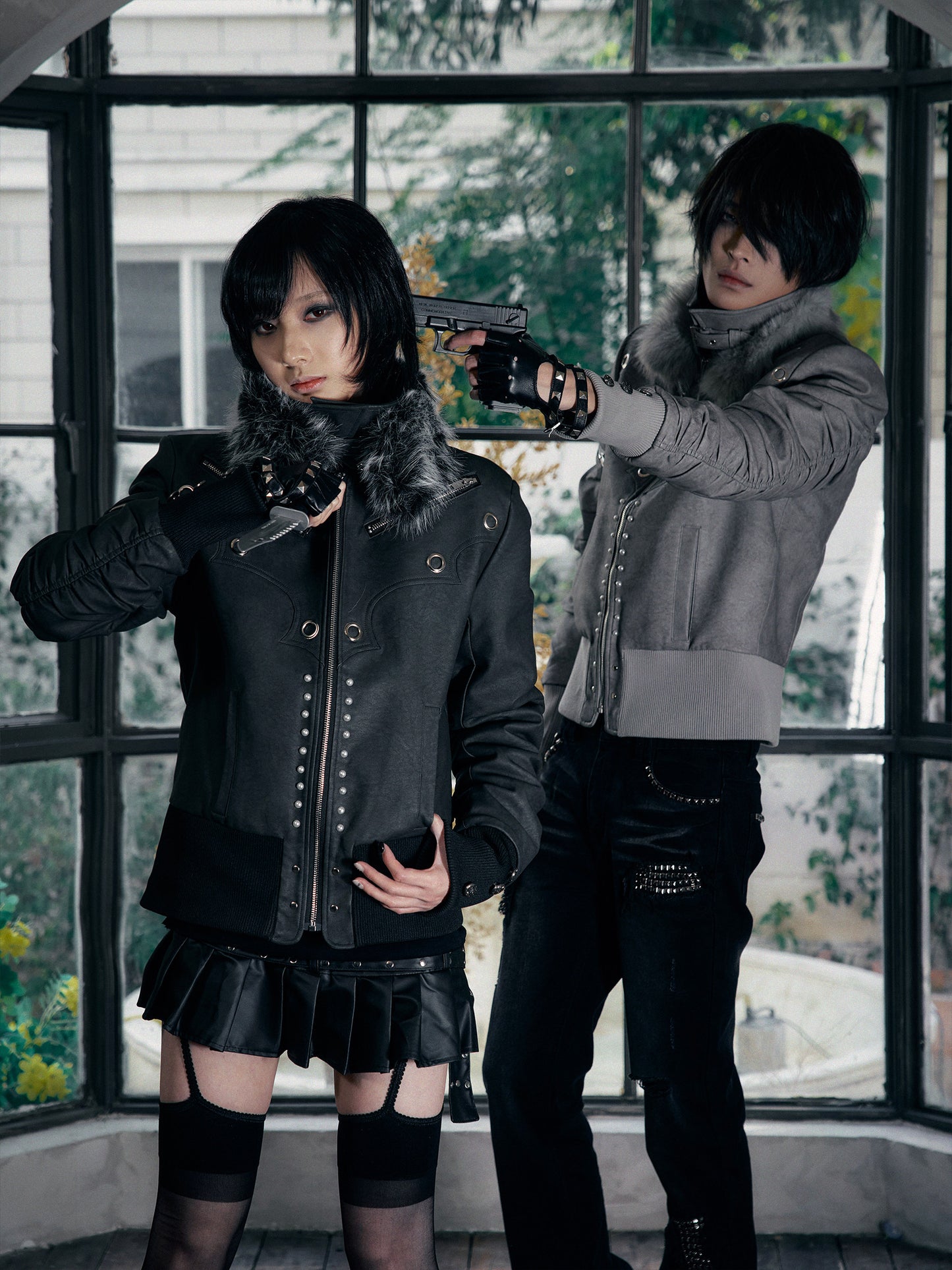 Pearl Washed Fur Collar PU Jacket