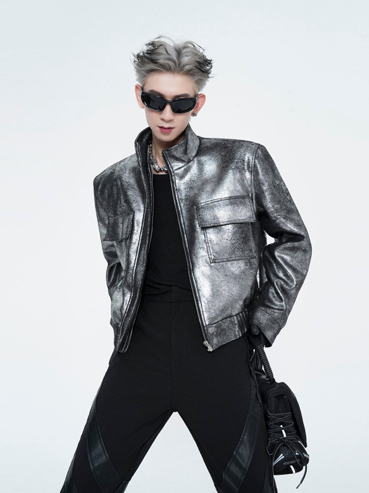 High-end men's ins trend handsome shoulder pads silver biker suit