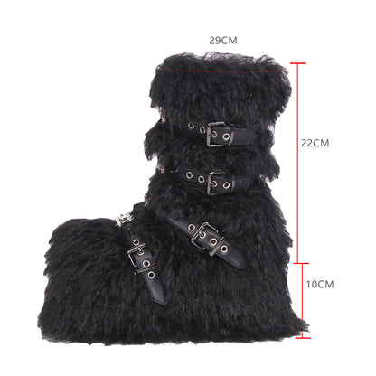 Long Fur Punk Platform Buckle Boots