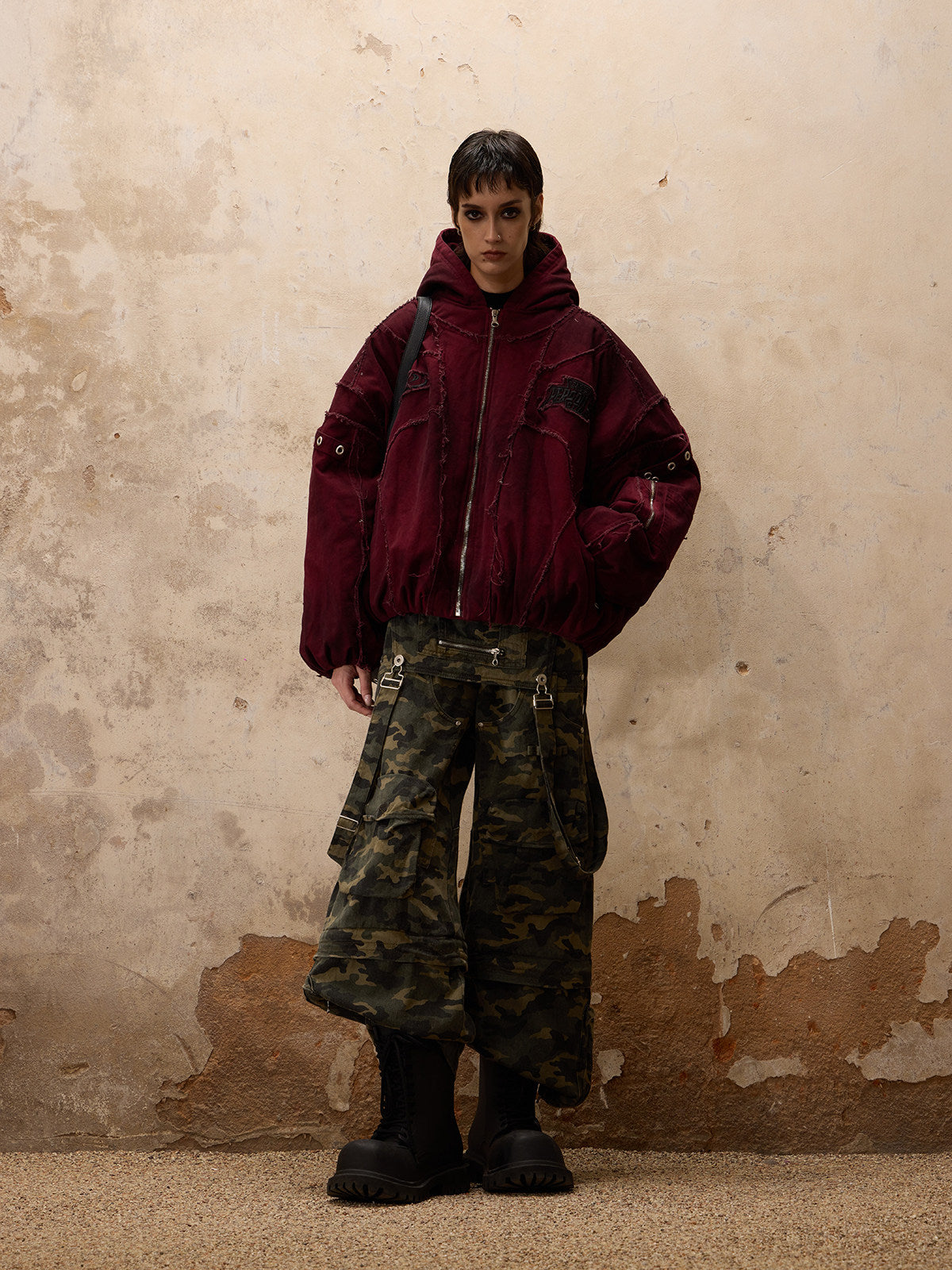 Hand-brushed hooded padded suit in red and white DirtyCoat