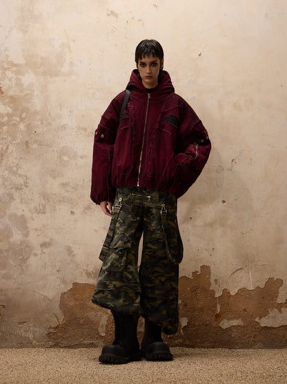 Hand-brushed hooded padded suit in red and white DirtyCoat