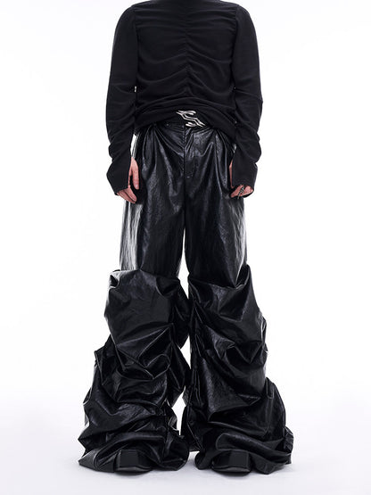 Wide-Leg PU Pleated Pants