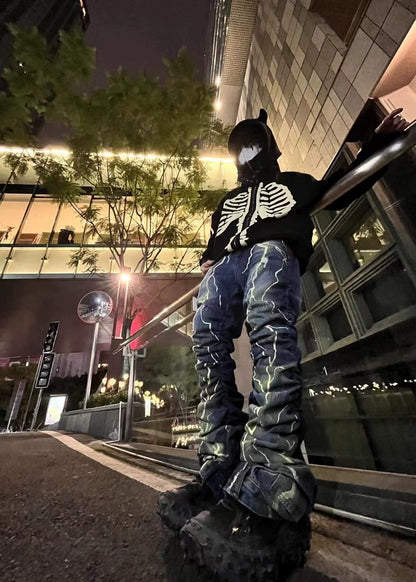 Thunderbolt Print Pleated Jeans