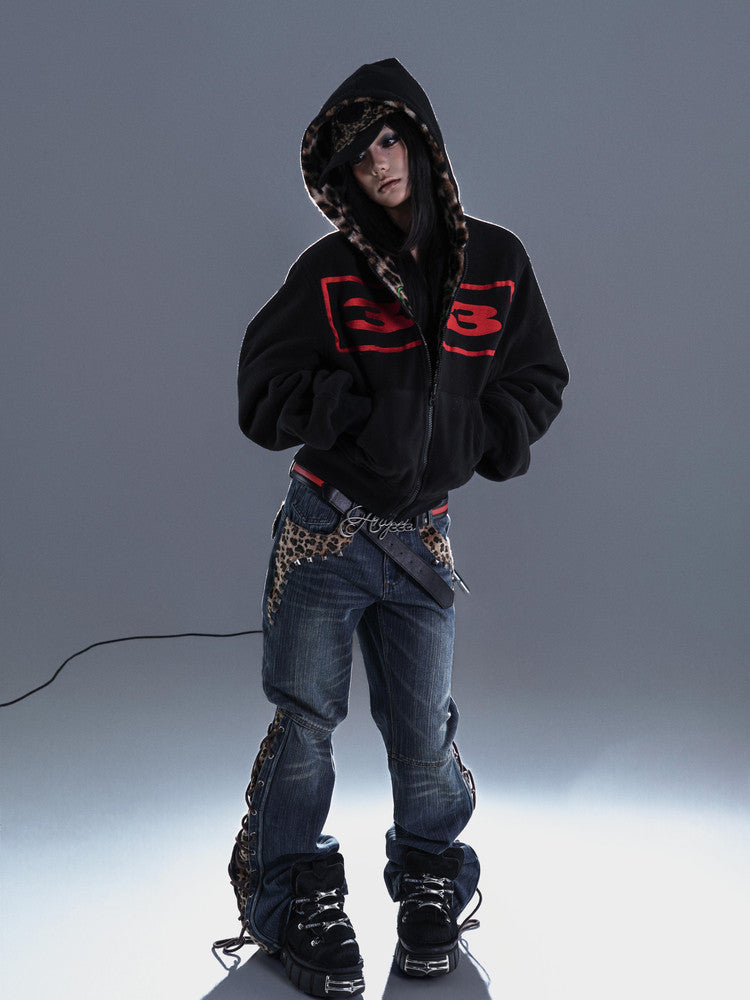 Green embroidered reversible leopard print zip hooded jacket