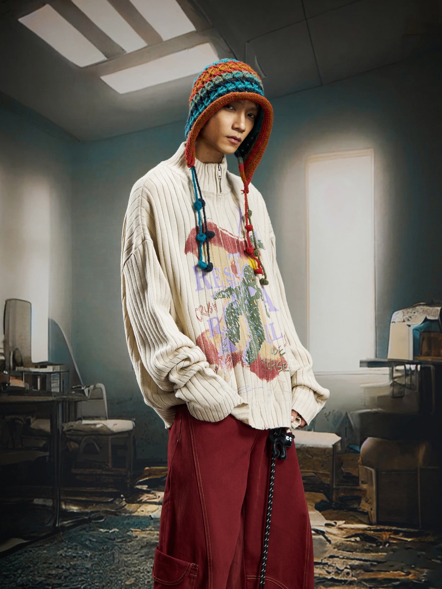 Vintage Casual Contrast Mid High Neck Zipper