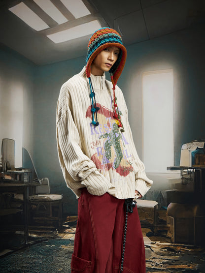 Vintage Casual Contrast Mid High Neck Zipper