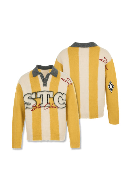 Retro Yellow Jacquard Knit Polo Sweater