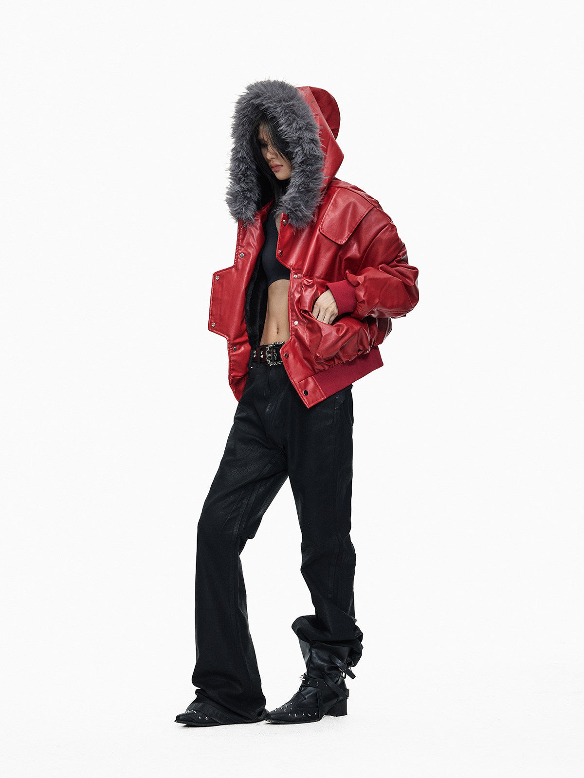 Fur hooded short leather Red jacket