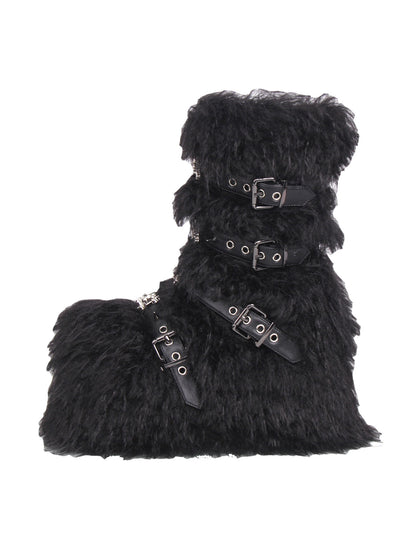 Long Fur Punk Platform Buckle Boots
