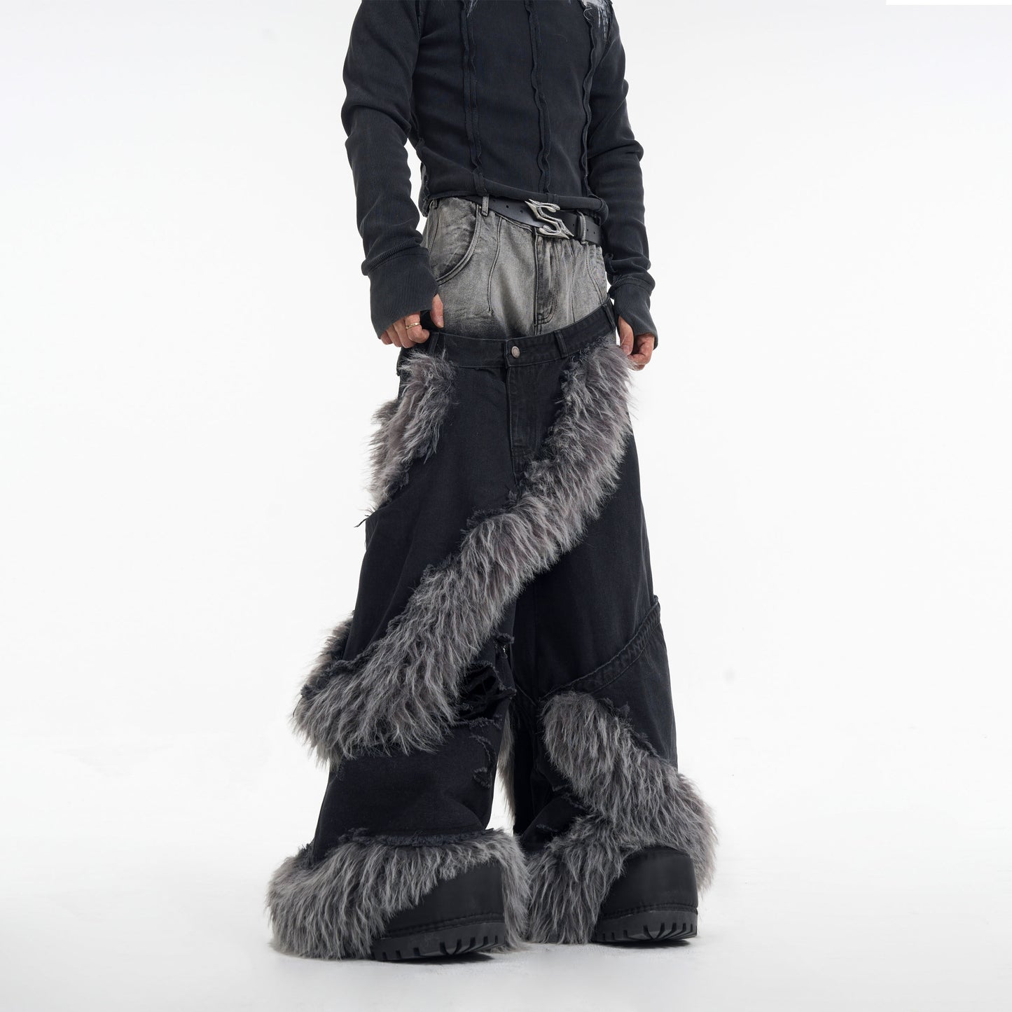 Handsome high-end jeans fake two double-waisted scalp pants