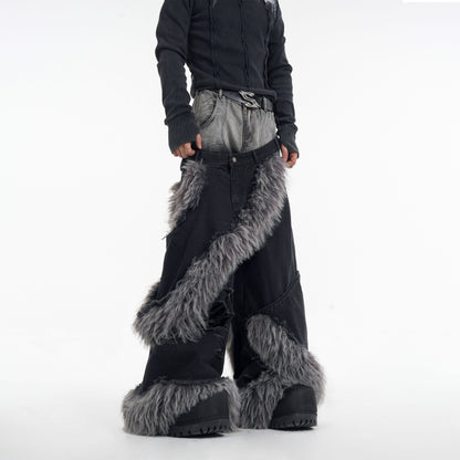 Handsome high-end jeans fake two double-waisted scalp pants