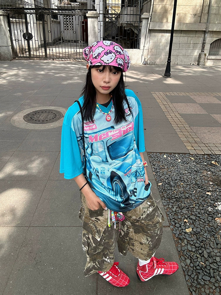 Racing Print V-Neck Mesh T-shirt