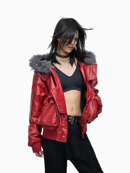 Fur hooded short leather Red jacket