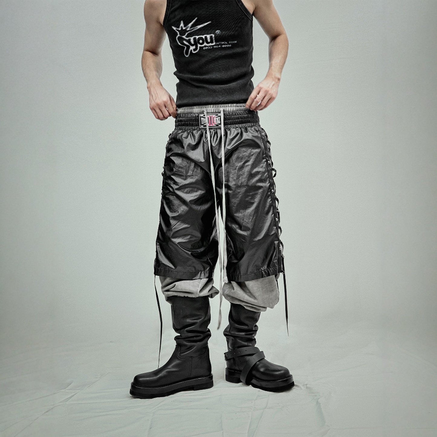 Boxing trousers glossy coated mesh cropped shorts