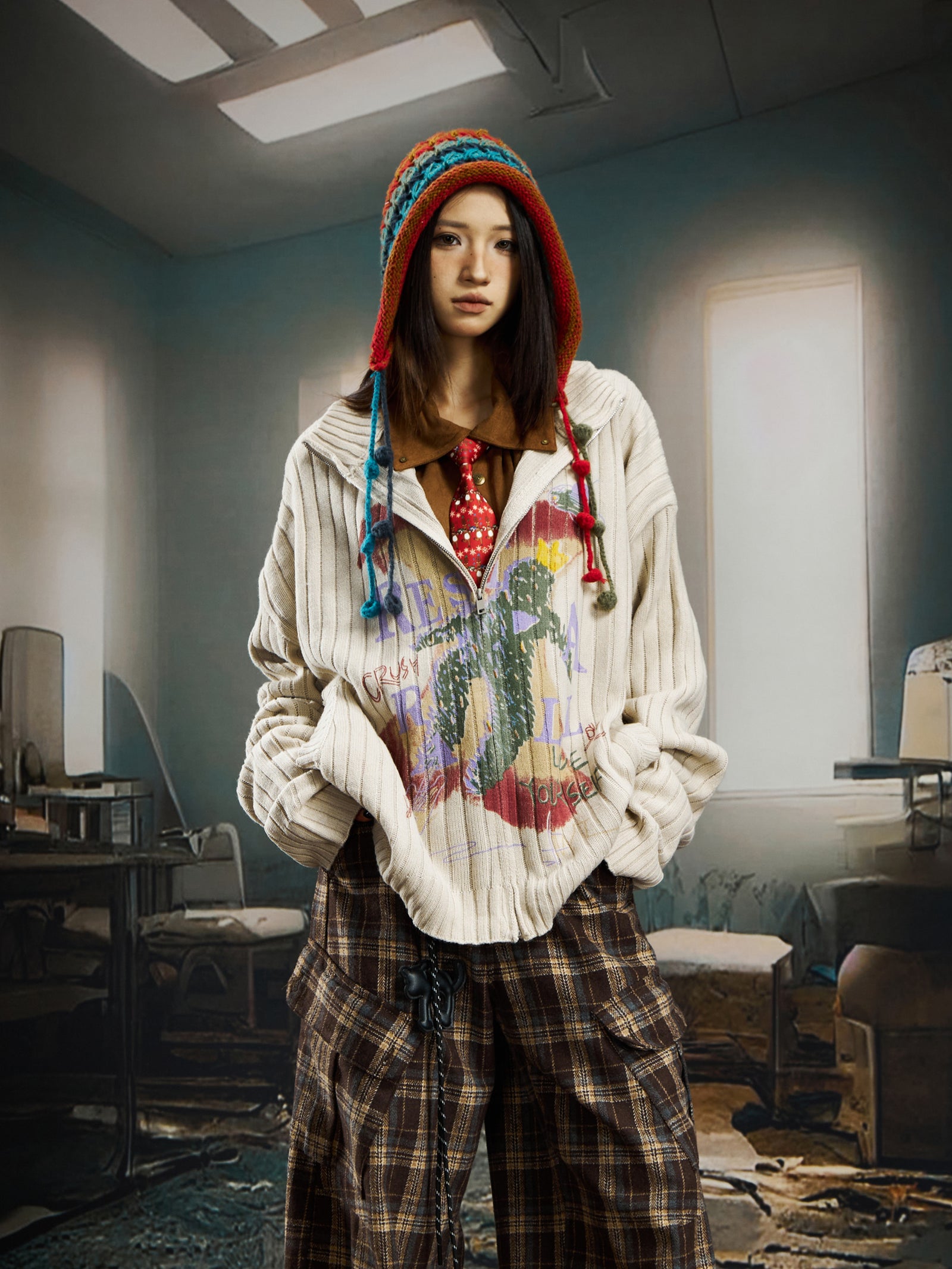 Vintage Casual Contrast Mid High Neck Zipper