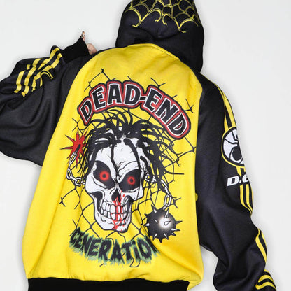 American Punk Yellow and Black Skull Skeleton Hooded Zipper Jacket