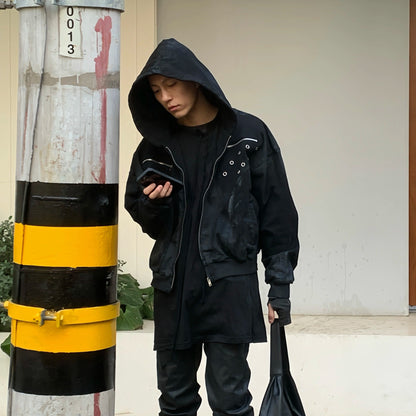 Brushed wax hooded zipper sweatshirt cardigan jacket