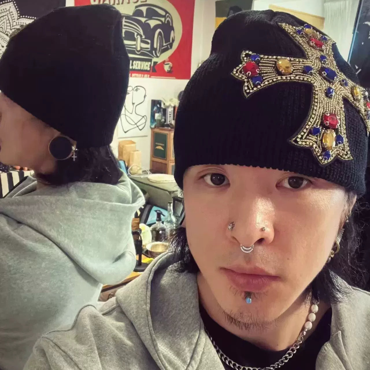 Autumn and winter street retro street gothic fashion heavy industry cross gemstone knitted hat woolen toe hat for men and women