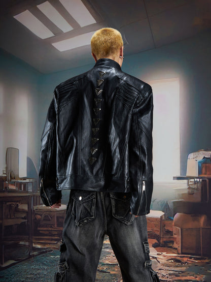 High-end structure splicing, stand-up collar, loose zipper, leather jacket