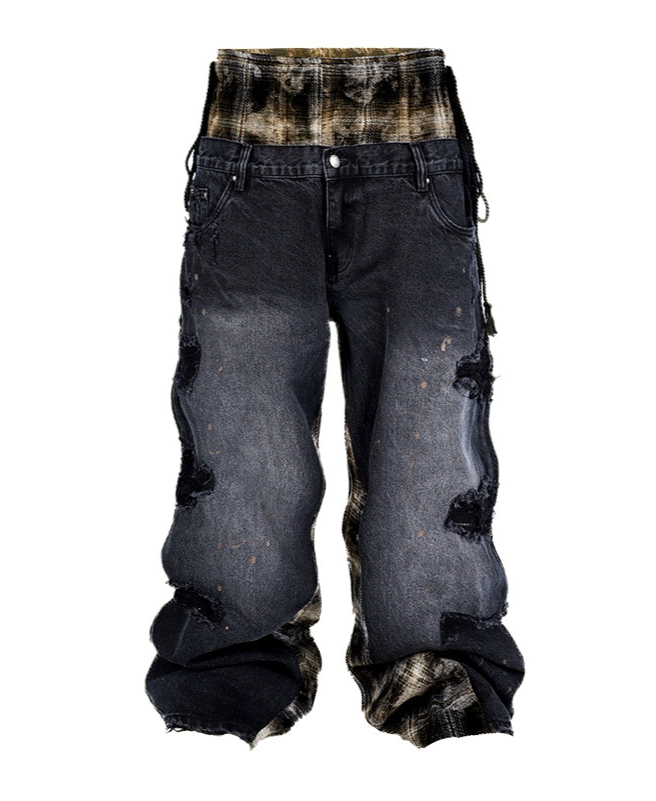 Tartan Panelled Distressed Baggy Jeans