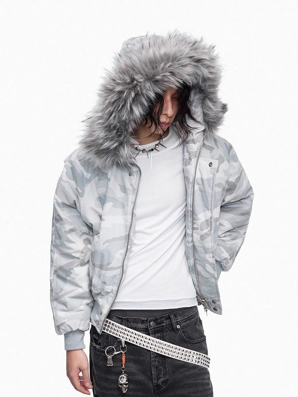 Rabbit fur collar padded jacket distressed faded short