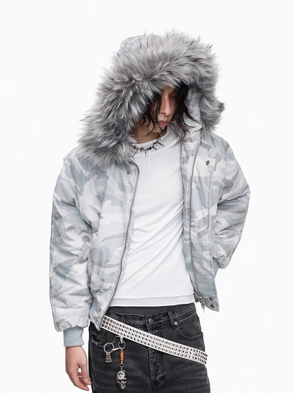 Rabbit fur collar padded jacket distressed faded short