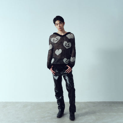 White jacquard original design hooded loose knit sweater