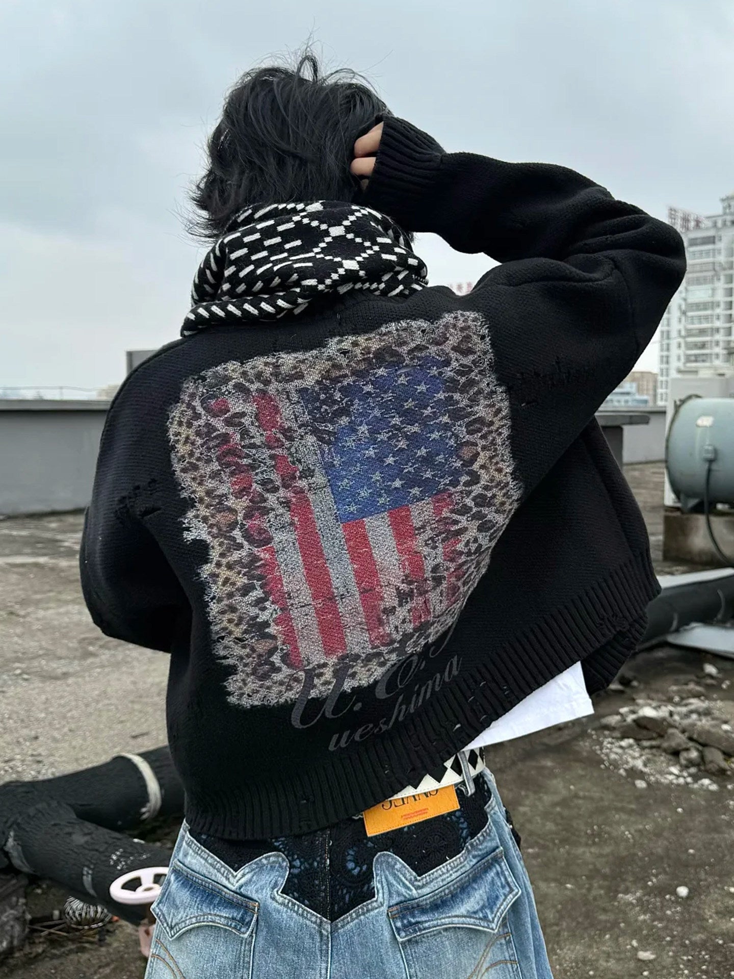 Leopard print navy blue flag cardigan sweater knit jacket