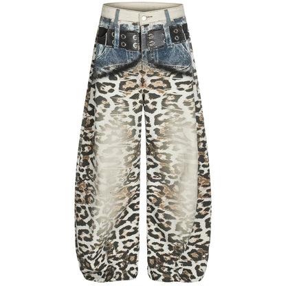 Leopard print loose wide-leg distressed gradient casual jeans