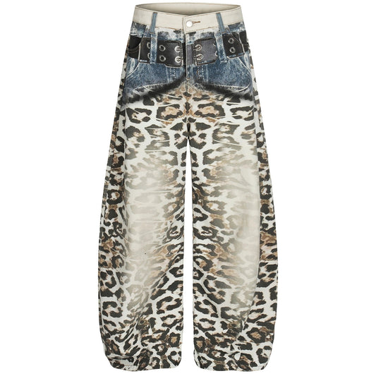 Leopard print loose wide-leg distressed gradient casual jeans