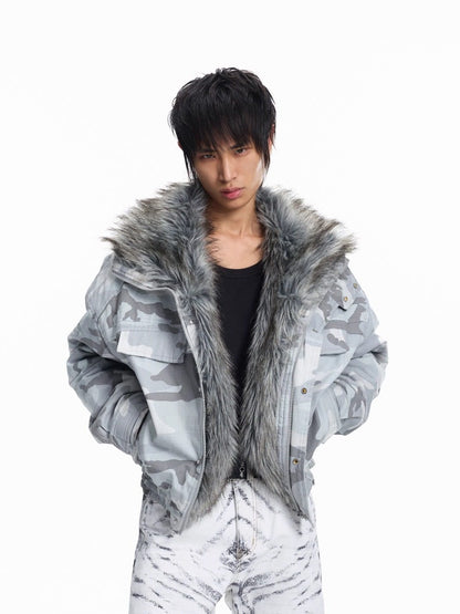 Camouflage imitation wolf fur lapel embroidered padded jacket