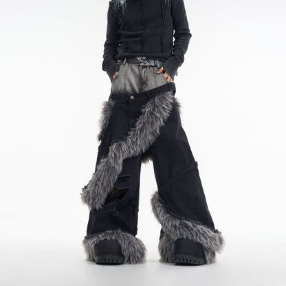 Handsome high-end jeans fake two double-waisted scalp pants