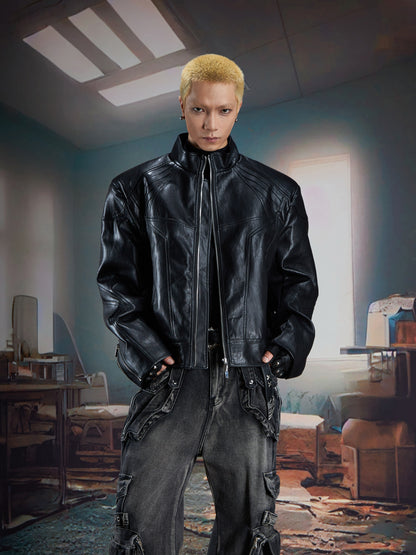 High-end structure splicing, stand-up collar, loose zipper, leather jacket