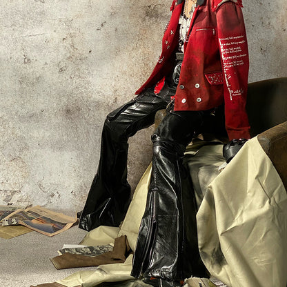 Flare PU Pants Metal Rivet Flame Leather Zipper Pocket