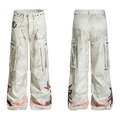 American Heavy Print Large Pocket Wide-Leg Jeans
