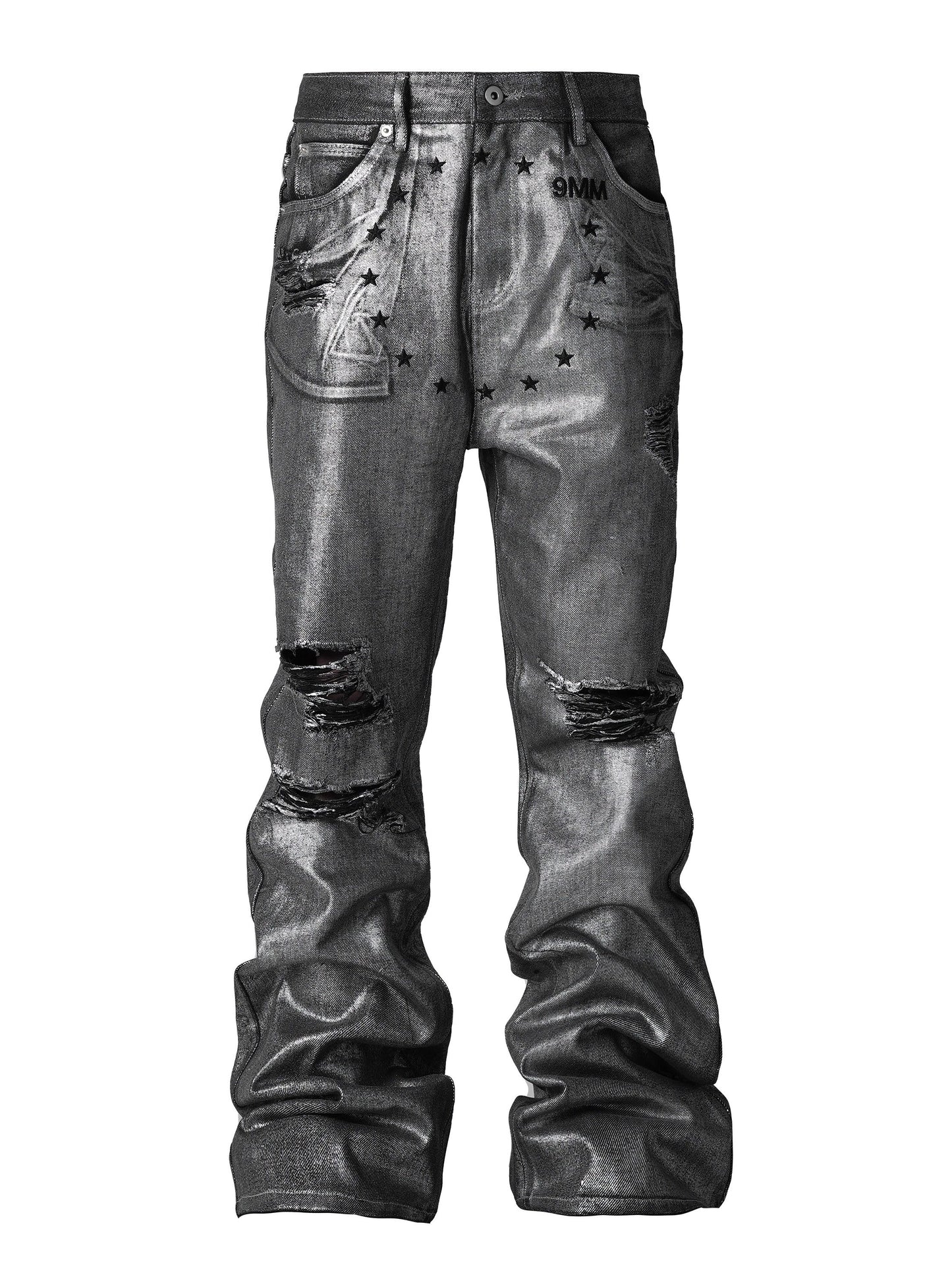 Silver Coated Frayed Bootcut Jeans