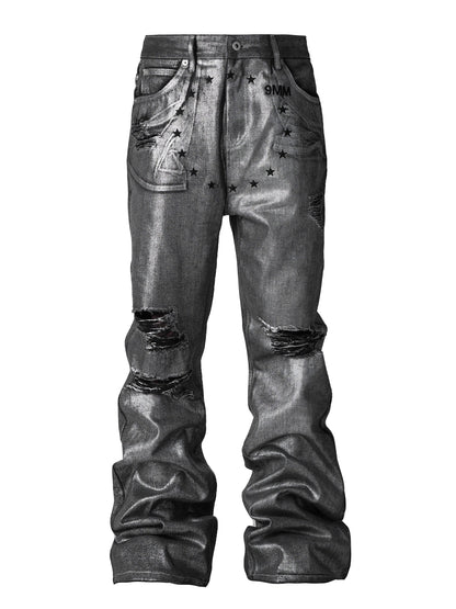 Silver Coated Frayed Bootcut Jeans