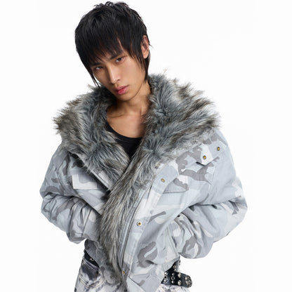 Camouflage imitation wolf fur lapel embroidered padded jacket