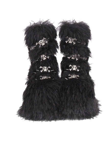Long Fur Punk Platform Buckle Boots
