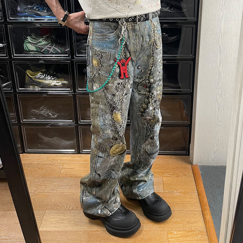 Boro Print Chain-Detail Loose Jeans