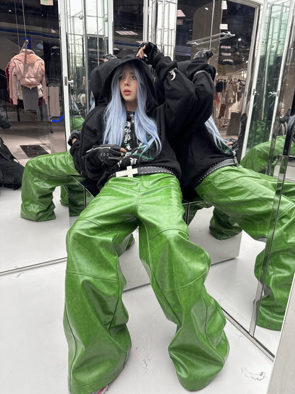 Green Liquid Leather Wide Pants