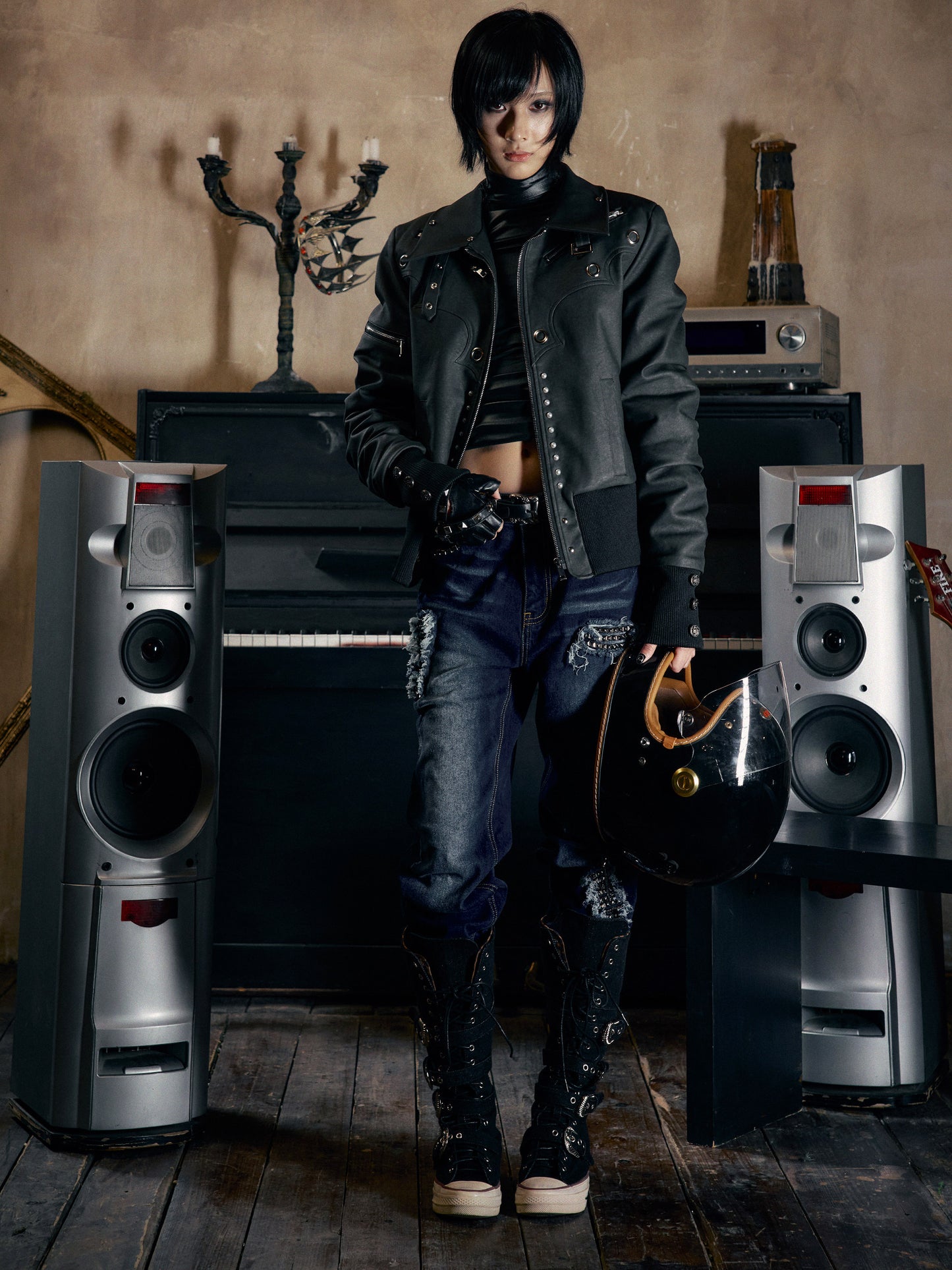 Pearl Washed Fur Collar PU Jacket