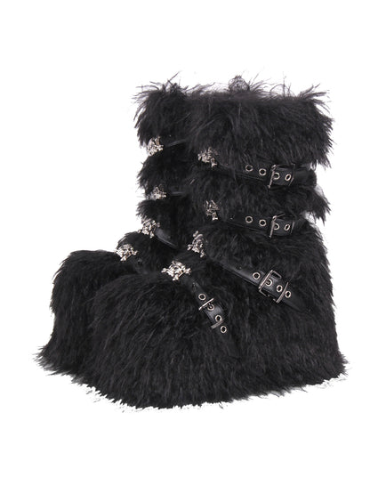 Long Fur Punk Platform Buckle Boots